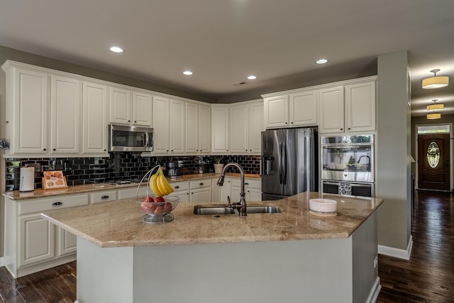 14924 S Case St, Plainfield, IL 60544 - kitchen featuring stainless steel appliances, dark wood finished floors, tasteful backsplash, white cabinetry, and recessed lighting
