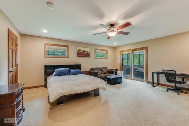 2800 Arbor Ln, Oswego, IL 60543 - bedroom with access to outside, light colored carpet, recessed lighting, and a ceiling fan