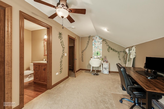 2800 Arbor Ln, Oswego, IL 60543 - carpeted home office with lofted ceiling and a ceiling fan