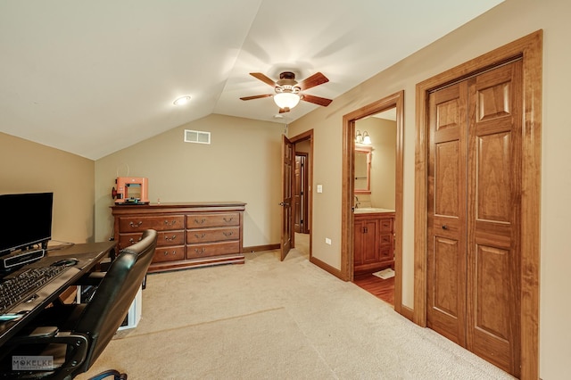 2800 Arbor Ln, Oswego, IL 60543 - office area featuring a ceiling fan, vaulted ceiling, and light carpet