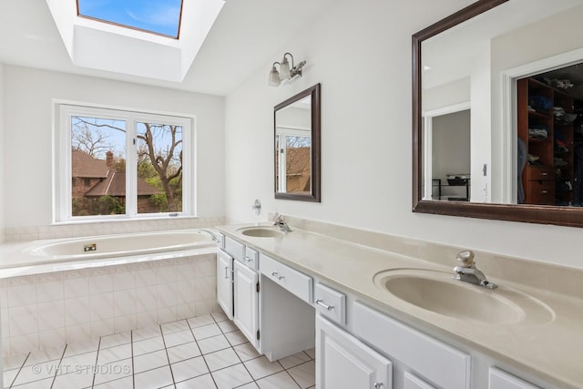 1181 Midwest Ln, Wheaton, IL 60189 - full bath featuring a skylight, double vanity, a garden tub, and tile patterned floors
