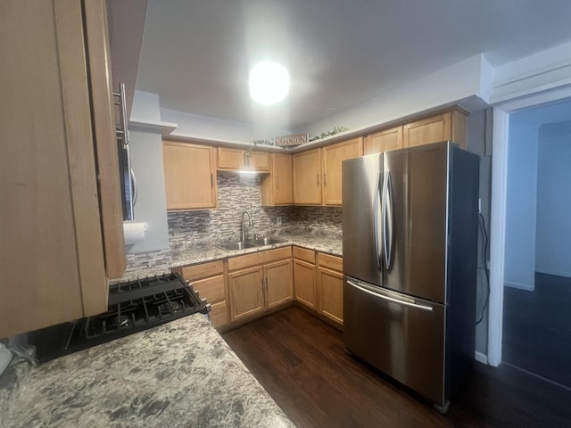16939 Jodave Ave, Hazel Crest, IL 60429 - kitchen with freestanding refrigerator, backsplash, dark wood-style flooring, light brown cabinets, and light countertops