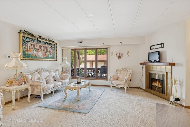 6419 Oak Forest Ave Unit 1N, Tinley Park, IL 60477 - carpeted living area with a tile fireplace and baseboards
