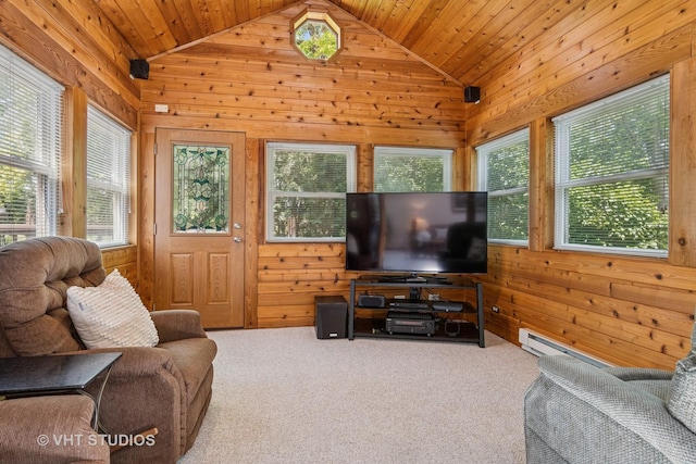 321 Breckenridge Dr, Aurora, IL 60504 - carpeted living area with lofted ceiling, wooden walls, a baseboard heating unit, and wooden ceiling