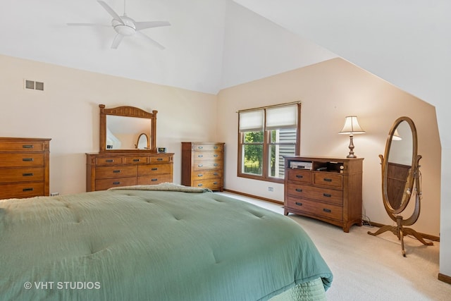 321 Breckenridge Dr, Aurora, IL 60504 - bedroom with light carpet, high vaulted ceiling, and ceiling fan