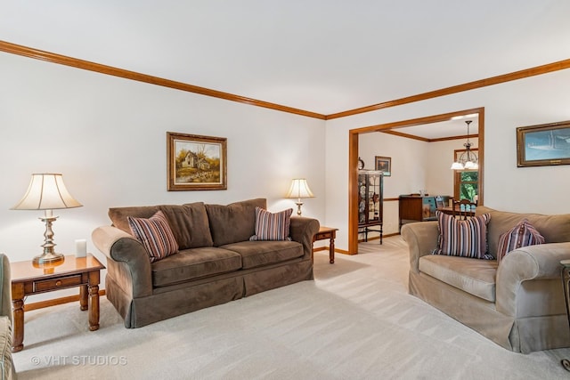 321 Breckenridge Dr, Aurora, IL 60504 - living area featuring ornamental molding, light colored carpet, and a chandelier
