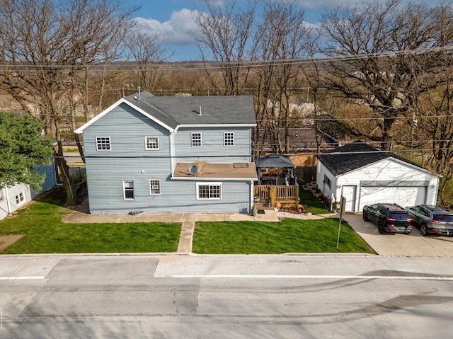 711 Illinois St, Lemont, IL 60439 - view of front of house with a front lawn, a wooden deck, a garage, roof with shingles, and an outbuilding