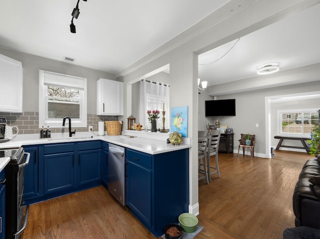 711 Illinois St, Lemont, IL 60439 - kitchen featuring blue cabinets, stainless steel appliances, dark wood finished floors, and tasteful backsplash