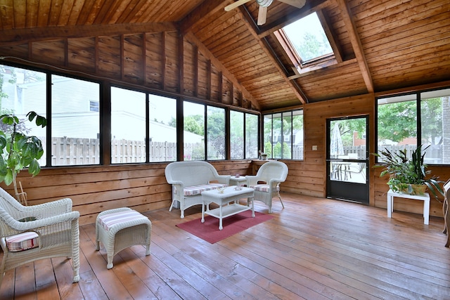 537 S Echo Ln, Palatine, IL 60067 - sunroom / solarium featuring a wooden deck, hardwood / wood-style flooring, wooden walls, a wooden ceiling with exposed beams, and a skylight
