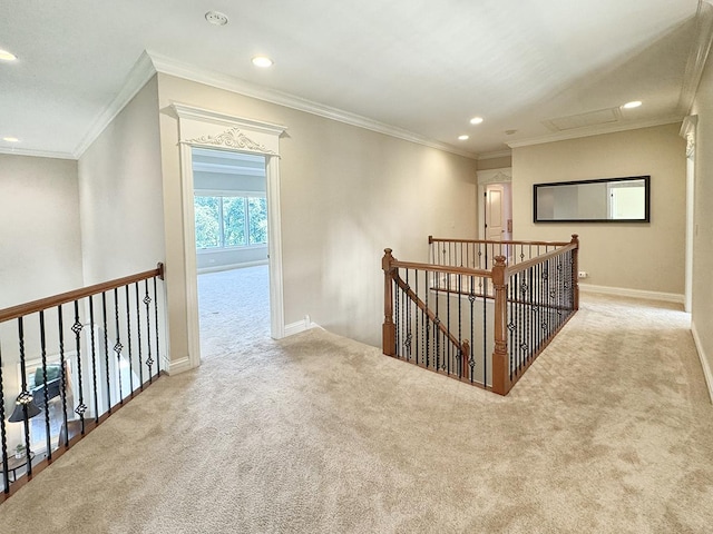 6N707 Brookhaven Ln, Saint Charles, IL 60175 - hallway with an upstairs landing, carpet floors, recessed lighting, and crown molding