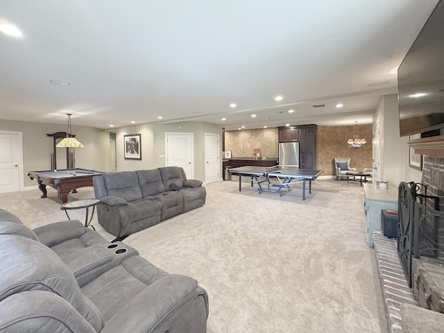 6N707 Brookhaven Ln, Saint Charles, IL 60175 - living room with a fireplace, light carpet, pool table, and recessed lighting