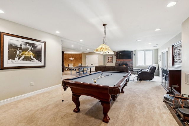 6N707 Brookhaven Ln, Saint Charles, IL 60175 - rec room with light carpet, a fireplace, billiards, and recessed lighting