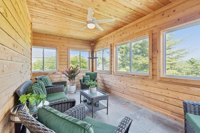 6N707 Brookhaven Ln, Saint Charles, IL 60175 - sunroom with plenty of natural light, wooden walls, an outdoor living space, wood ceiling, and stone finish flooring