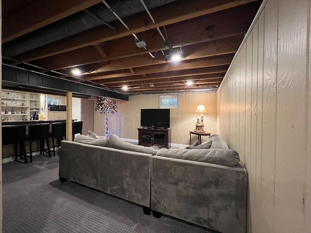 1416 S Robert Dr, Mount Prospect, IL 60056 - living room featuring carpet floors and wood walls