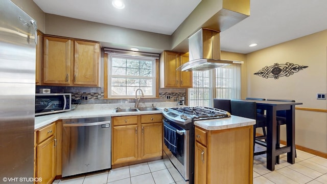 1416 S Robert Dr, Mount Prospect, IL 60056 - kitchen with stainless steel appliances, light tile patterned flooring, backsplash, extractor fan, and light countertops