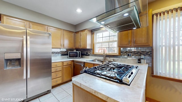 1416 S Robert Dr, Mount Prospect, IL 60056 - kitchen with appliances with stainless steel finishes, wall chimney range hood, backsplash, light countertops, and light tile patterned floors