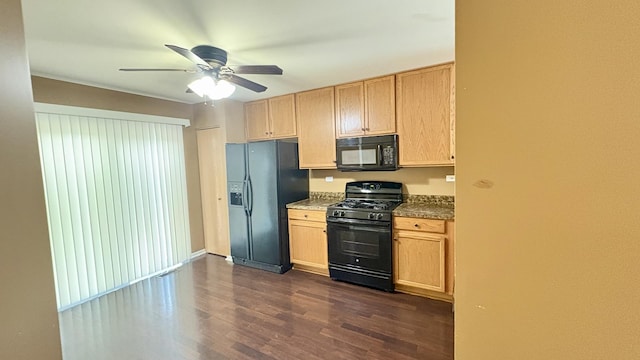 2434 Roxbury Ln, Montgomery, IL 60538 - kitchen with black appliances, ceiling fan, light brown cabinets, dark wood finished floors, and dark countertops