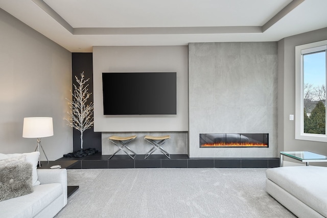 2412 Sharon Ct, Naperville, IL 60564 - living room with carpet flooring, a fireplace, and a raised ceiling