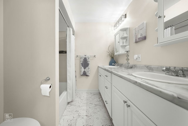 7312 Winthrop Way Unit 11, Downers Grove, IL 60516 - full bathroom with marble look tiles, double vanity, and shower / bath combo