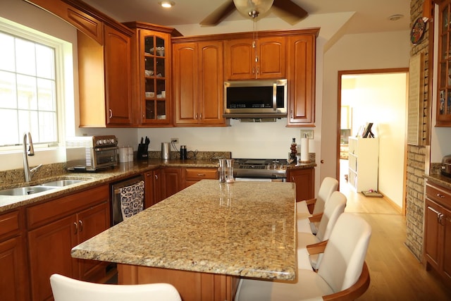 5125 N La Crosse Ave, Chicago, IL 60630 - kitchen with appliances with stainless steel finishes, light stone counters, glass insert cabinets, light wood-type flooring, and recessed lighting