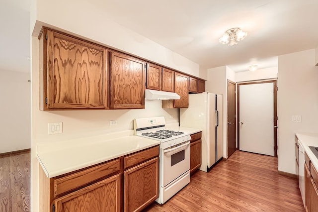 28 W Pheasant Trl Unit 28, Lake In The Hills, IL 60156 - kitchen with white appliances, under cabinet range hood, light wood finished floors, light countertops, and brown cabinets