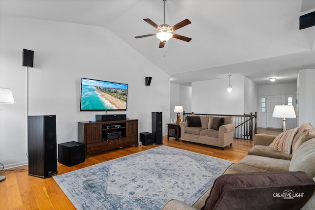 433 Davis Dr, Sycamore, IL 60178 - living room with ceiling fan, wood finished floors, and high vaulted ceiling
