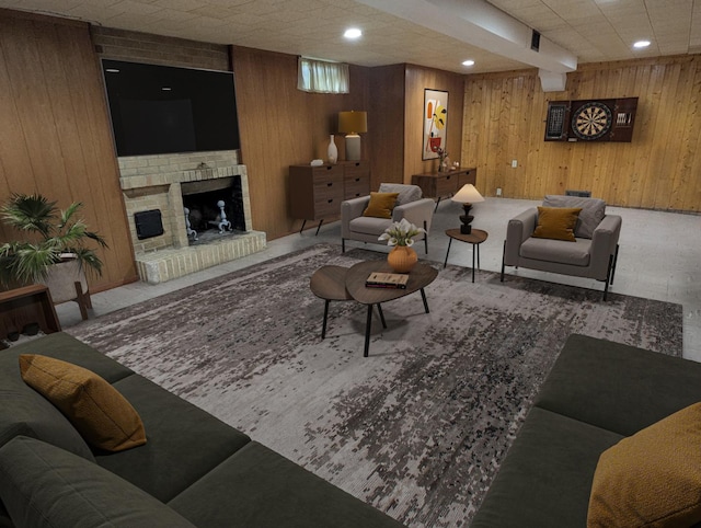 1437 S Plum Ave, Freeport, IL 61032 - living area with wood walls, a fireplace, and recessed lighting