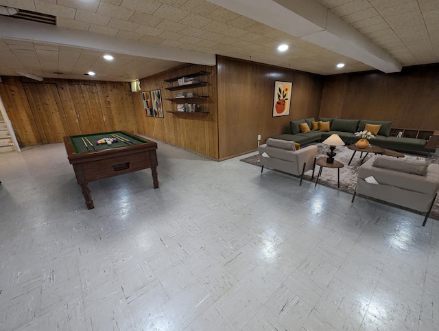 1437 S Plum Ave, Freeport, IL 61032 - recreation room with wood walls, billiards table, tile patterned floors, and recessed lighting