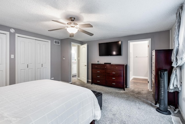 20131 E Brightway Dr, Mokena, IL 60448 - bedroom featuring carpet floors, a textured ceiling, ceiling fan, and multiple closets