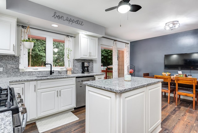 20131 E Brightway Dr, Mokena, IL 60448 - kitchen with appliances with stainless steel finishes, tasteful backsplash, dark wood-style floors, and white cabinets
