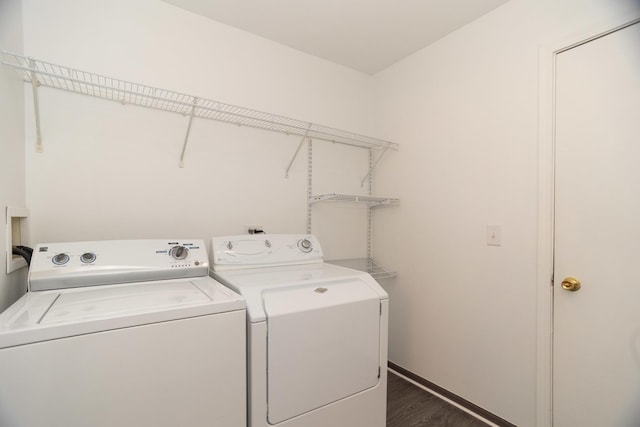 10 Sugar Creek Ct, Lake In The Hills, IL 60156 - laundry room with washing machine and clothes dryer and dark wood-type flooring