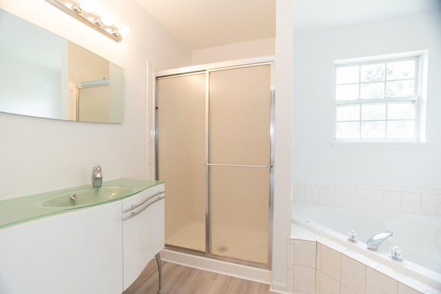 10 Sugar Creek Ct, Lake In The Hills, IL 60156 - full bathroom featuring vanity, a stall shower, a garden tub, and wood finished floors