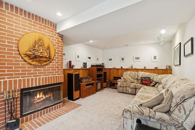 2619 Baldwin Rd, Mchenry, IL 60050 - living area with light carpet, a brick fireplace, and recessed lighting
