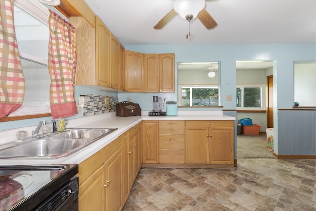 1014 N Main St, Pontiac, IL 61764 - kitchen featuring light countertops, ceiling fan, light brown cabinetry, and electric range