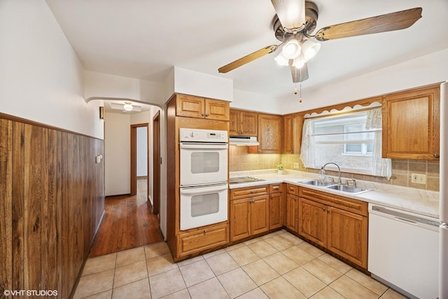1400 Boeger Ave, Westchester, IL 60154 - kitchen with white appliances, under cabinet range hood, light countertops, ceiling fan, and backsplash