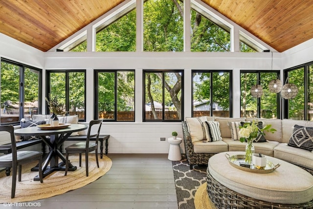 8736 Shade Tree Cir, Lakewood, IL 60014 - sunroom / solarium with wooden ceiling, plenty of natural light, hardwood / wood-style floors, high vaulted ceiling, and a deck