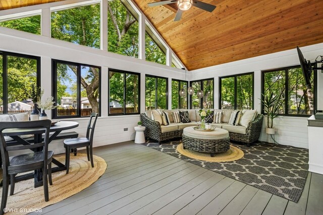 8736 Shade Tree Cir, Lakewood, IL 60014 - sunroom / solarium with ceiling fan, wood ceiling, outdoor lounge area, a wooden deck, and high vaulted ceiling