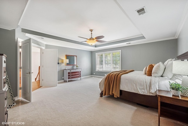 8736 Shade Tree Cir, Lakewood, IL 60014 - bedroom featuring light carpet, a tray ceiling, crown molding, and a ceiling fan