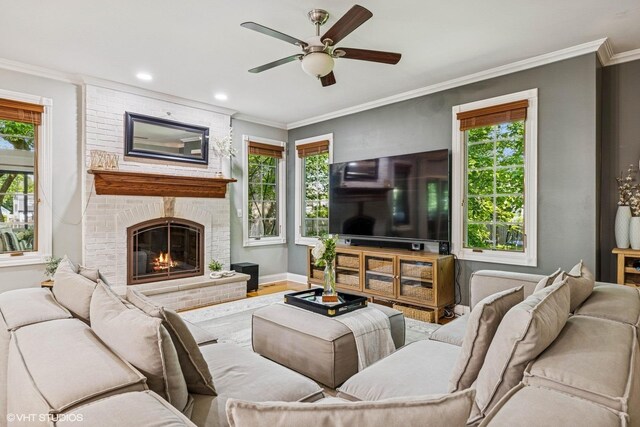 8736 Shade Tree Cir, Lakewood, IL 60014 - living room with ceiling fan, healthy amount of natural light, crown molding, a fireplace, and wood finished floors