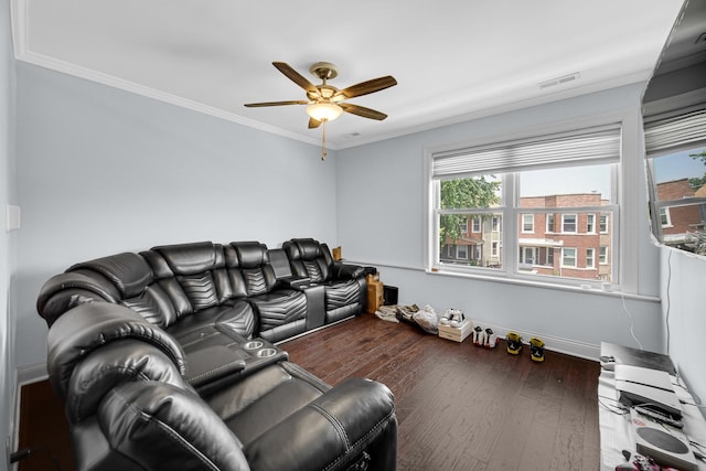 4125 W School St, Chicago, IL 60641 - living room featuring ceiling fan, wood finished floors, and ornamental molding