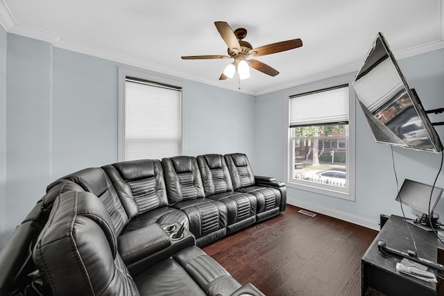 4125 W School St, Chicago, IL 60641 - living area with a ceiling fan, ornamental molding, and dark wood-style floors