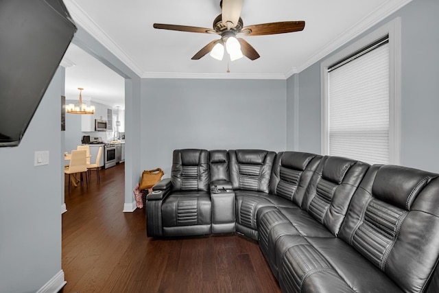 4125 W School St, Chicago, IL 60641 - living area with a ceiling fan, ornamental molding, a chandelier, and wood finished floors