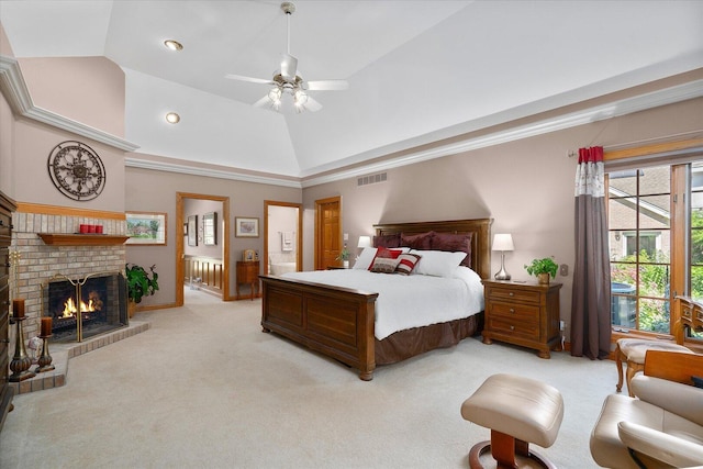 8 Buckingham Dr, Sugar Grove, IL 60554 - bedroom featuring vaulted ceiling, light colored carpet, a fireplace, ensuite bathroom, and a ceiling fan