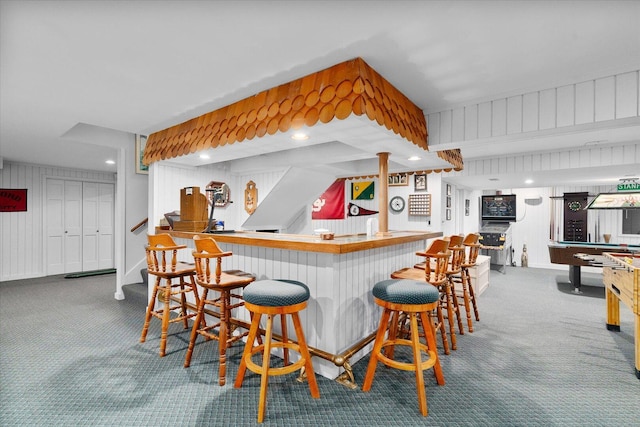 8 Buckingham Dr, Sugar Grove, IL 60554 - indoor bar with carpet flooring, billiards table, recessed lighting, and wooden walls