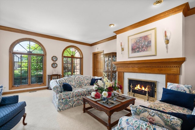 8 Buckingham Dr, Sugar Grove, IL 60554 - carpeted living area featuring ornamental molding and a tiled fireplace