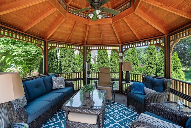 8 Buckingham Dr, Sugar Grove, IL 60554 - wooden terrace featuring an outdoor living space, a gazebo, and ceiling fan