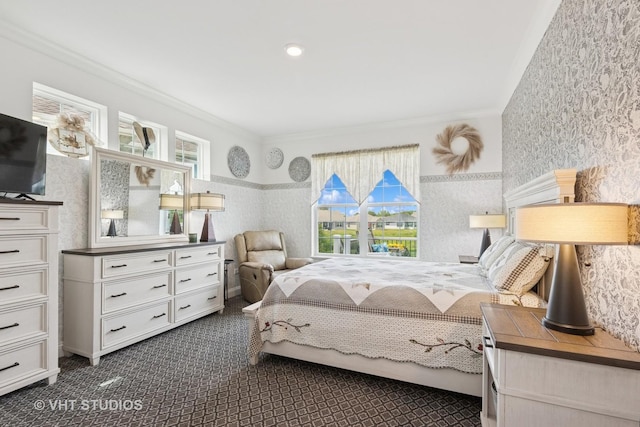 2032 Wentworth Dr, Volo, IL 60020 - bedroom with crown molding, wallpapered walls, and dark colored carpet
