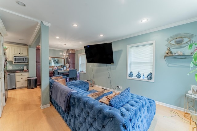 759 Norfolk Ave, Westchester, IL 60154 - living area featuring crown molding, a chandelier, plenty of natural light, light wood-style flooring, and recessed lighting