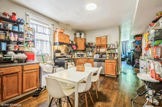 2939 N Springfield Ave, Chicago, IL 60618 - kitchen with appliances with stainless steel finishes, open shelves, dark wood-style flooring, and brown cabinetry