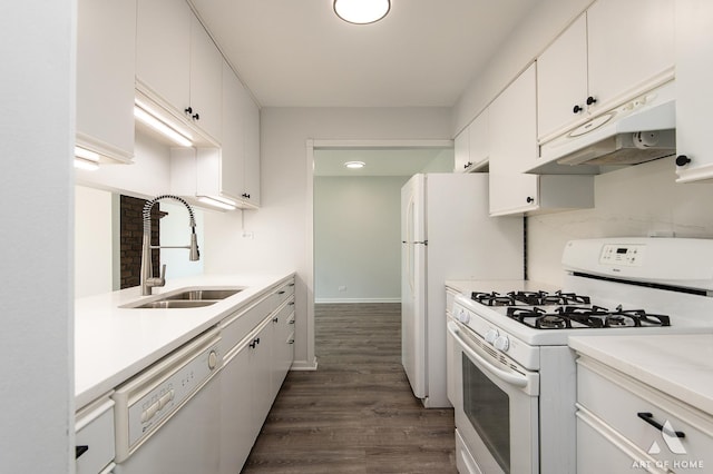 780 Buckingham Ct, Hoffman Estates, IL 60169 - kitchen featuring white appliances, under cabinet range hood, dark wood-type flooring, light countertops, and white cabinets